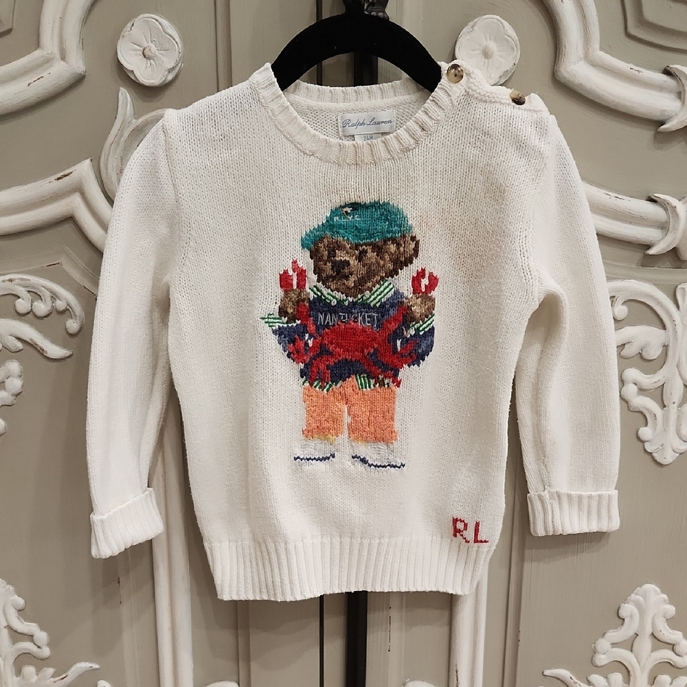 Ralph Lauren Boy Cream Knit Bear Sweater with Nautical Crab Size 2